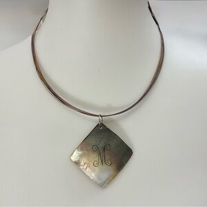 Abalone Pendant Necklace Wire Collar Choker Iridescent Mother of Pearl Initial M